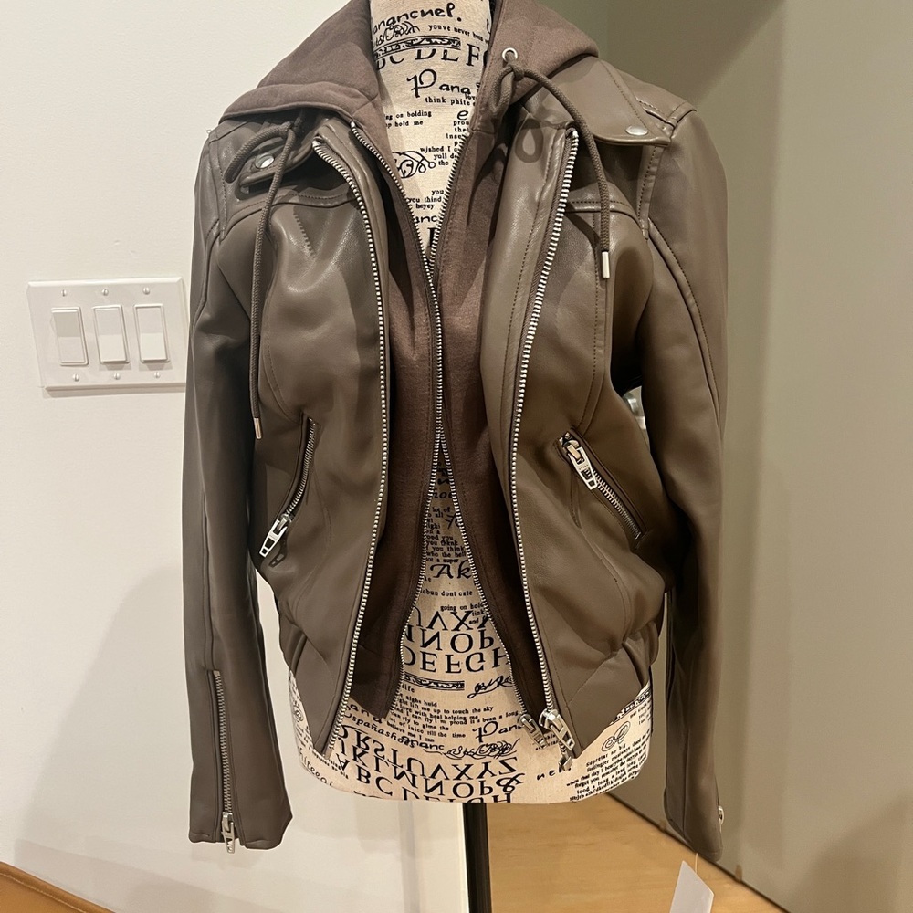 Blank NYC Taupe Leather Jacket with Zip Out Hood